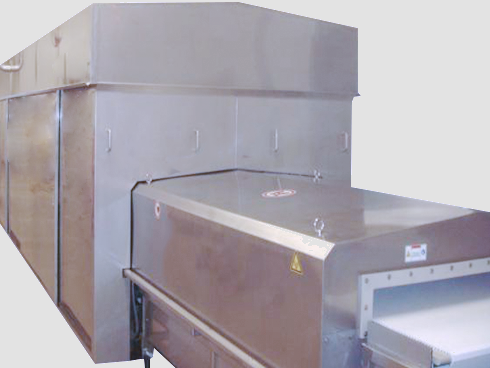 Modular microwave tunnel for homogeneous pasteurisation of packed meat products